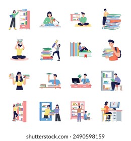 Set of 16 Flat Style Library Illustrations 

