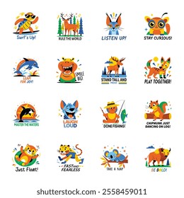 Set of 16 Flat Style Safari Animal Stickers 
