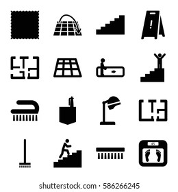 Set of 16 floor filled icons such as escalator, salon hair dryer, broom, carpet, clean brush, office room, plan, man climbing stairs, move on map, stairs