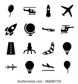 Set of 16 fly filled icons such as runway, plane landing, helicopter, baloon, boomerang, medical helicopter, rocket, air balloon, balloon, plane