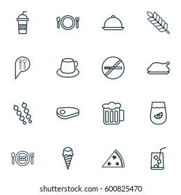 Set Of 16 Food Icons. Includes Check In, Stick Batbecue, Cutlery And Other Symbols. Beautiful Design Elements.