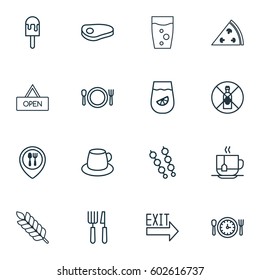 Set Of 16 Food Icons. Includes Lemonade, Pepperoni, Stick Batbecue And Other Symbols. Beautiful Design Elements.