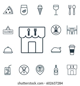 Set Of 16 Food Icons. Includes Dessert, Restaurant, Lemon Juice And Other Symbols. Beautiful Design Elements.