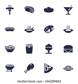 Set Of 16 Food Icons Set.Collection Of Baguette, Martini, Burger And Other Elements.
