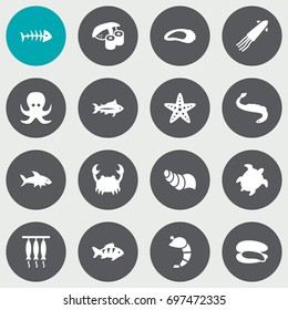 Set Of 16 Food Icons Set.Collection Of Tunny, Crustaceans, Smoked And Other Elements.