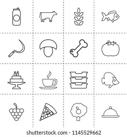 Set of 16 food outline icons such as wheat, sickle, cow, mushroom, grapes, fish, tomato, fruit tree, container, pizza, cake, can, dog bone, tea