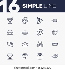 Set Of 16 Food Outline Icons Set.Collection Of Cocktail, Omelette, Hotdog And Other Elements.