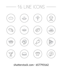 Set Of 16 Food Outline Icons Set.Collection Of Japanese Roll, Mexican Food, Salad And Other Elements.