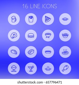 Set Of 16 Food Outline Icons Set.Collection Of Hotdog, French Fries, Salad And Other Elements.