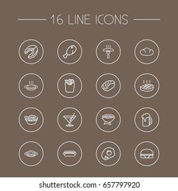 Set Of 16 Food Outline Icons Set.Collection Of Raw Fish, French Fries, Steak And Other Elements.