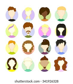 Set 16 freehand drawing vector images of people's faces. International different people characters, avatars profile pictures, vector illustration