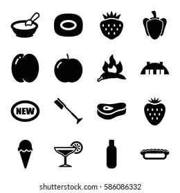 Set of 16 fresh filled icons such as peach, apple, chili, porridge, bottle, soap, toothbrush, strawberry, pepper, pie, barn, cocktail, meat, ice cream