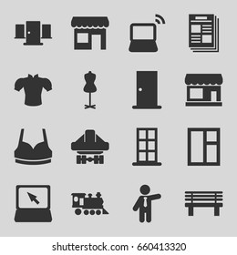 Set of 16 front filled icons such as store, door, window, mannequin, sport bra, blouse, businessman, bench, locomotive