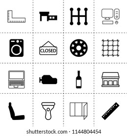 Set of 16 front filled and outline icons such as bearing, car service, gearbox, mechanical transmission, washer, chair, ruler, wine bottle, laptop, metal fence, window