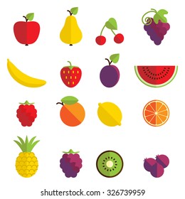 Set of 16 fruit icons in flat design.