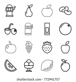 Set of 16 fruit outline icons such as orange, apple, bean, slot machine, pear, strawberry, drink, watermelon, ice cream, drink coconut, grape, lemon