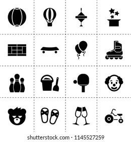Set of 16 fun filled icons such as clown, magic hat, hot air balloon, ball, tricycle, spinning top, bear, glasses clink, baloon, tennis table, skate roller, bowling