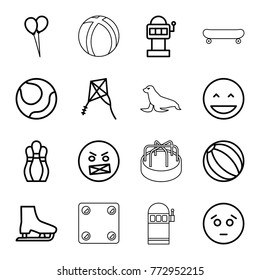 Set of 16 fun outline icons such as balloon, laughing emot, sad emot, angry emot, slot machine, beach ball, volleyball, ice skate, bowling, kite, seal, ball