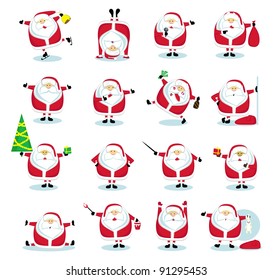 Set of 16 funny Santas. Vector illustration