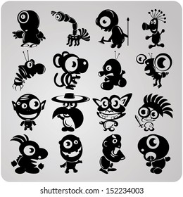 set of 16 funny vector contour aliens