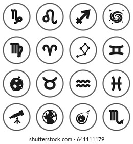 Set Of 16 Galaxy Icons Set.Collection Of Water Bearer, Comet, Bull And Other Elements.