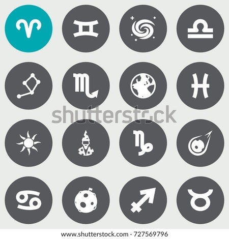 Set Of 16 Galaxy Icons Set.Collection Of Earth Planet, Ram, Fishes And Other Elements.