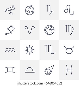 Set Of 16 Galaxy Outline Icons Set.Collection Of Moon, Sun, Pisces And Other Elements.
