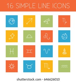 Set Of 16 Galaxy Outline Icons Set.Collection Of Aries, Pisces, Leo And Other Elements.