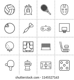 Set of 16 game outline icons such as bowling, dice, chess, slot machine, joystick, cauldron with horseshoe, tennis table, golf ball, tennis, hockey, sport mask, volleyball net