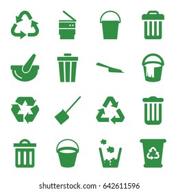 Set of 16 garbage filled icons such as bucket, dustpan, recycle bin