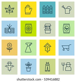 Set Of 16 Garden Icons. Includes Birdhouse, Grains, Sprinkler And Other Symbols. Beautiful Design Elements.