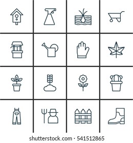 Set Of 16 Garden Icons. Includes Birdhouse, Decorative Plant, Flowerpot And Other Symbols. Beautiful Design Elements.