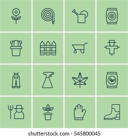 Set Of 16 Garden Icons. Includes Garden Clothes, Flowerpot, Desert Plant And Other Symbols. Beautiful Design Elements.