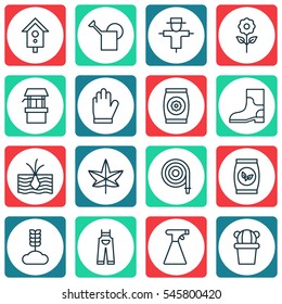 Set Of 16 Garden Icons. Includes Fire Tube, Water Source, Sprinkler And Other Symbols. Beautiful Design Elements.