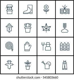 Set Of 16 Garden Icons. Includes Garden Clothes, Bugbear, Desert Plant And Other Symbols. Beautiful Design Elements.