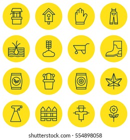 Set Of 16 Garden Icons. Includes Protection Mitt, Growing Plant, Barrier And Other Symbols. Beautiful Design Elements.