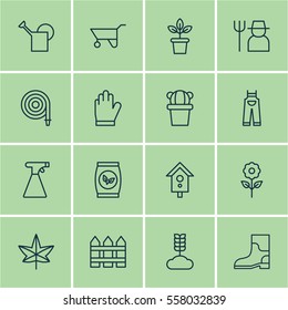 Set Of 16 Garden Icons. Includes Decorative Plant, Fire Tube, Garden Clothes And Other Symbols. Beautiful Design Elements.