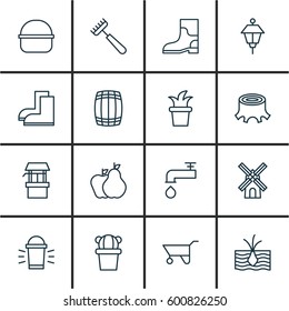 Set Of 16 Garden Icons. Includes Bush Pot, Rubber Boot, Spigot And Other Symbols. Beautiful Design Elements.