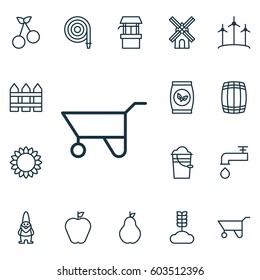 Set Of 16 Garden Icons. Includes Wheelbarrow, Bucket, Sweet Berry And Other Symbols. Beautiful Design Elements.