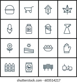 Set Of 16 Garden Icons. Includes Wheelbarrow, Agrimotor, Decorative Plant And Other Symbols. Beautiful Design Elements.