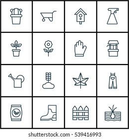 Set Of 16 Gardening Icons. Includes Grains, Garden Clothes, Rubber Boot And Other Symbols. Beautiful Design Elements.