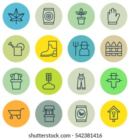 Set Of 16 Gardening Icons. Includes Bailer, Flowerpot, Protection Mitt And Other Symbols. Beautiful Design Elements.