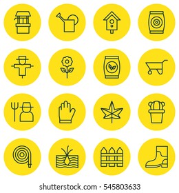 Set Of 16 Gardening Icons. Includes Fire Tube, Autumn Plant, Barrier And Other Symbols. Beautiful Design Elements.