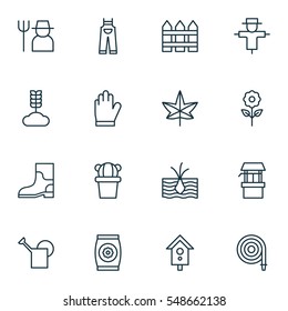 Set Of 16 Gardening Icons. Includes Bailer, Fire Tube, Bugbear And Other Symbols. Beautiful Design Elements.
