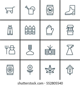 Set Of 16 Gardening Icons. Includes Grower, Autumn Plant, Growing Plant And Other Symbols. Beautiful Design Elements.