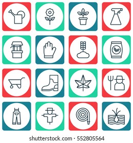 Set Of 16 Gardening Icons. Includes Rubber Boot, Fire Tube, Protection Mitt And Other Symbols. Beautiful Design Elements.