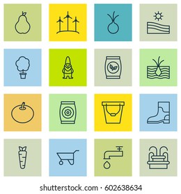 Set Of 16 Gardening Icons. Includes Rubber Boot, Growing Plant, Wood Pot And Other Symbols. Beautiful Design Elements.