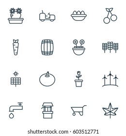 Set Of 16 Gardening Icons. Includes Root, Water Source, Wheelbarrow And Other Symbols. Beautiful Design Elements.