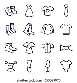 set of 16 garment outline icons such as baby socks, baby onesie, dress, mannequin, socks, blouse, bow tie, tie, t-shirt with heart