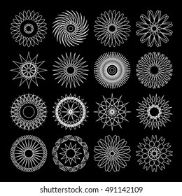 Set of 16 geometric circular Spirograph elements. Collection of abstract shapes for certificate, diploma, secure paper. Vector illustration. Geometric logo design, cyclic lines. 